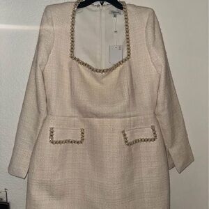 NADINE MERABI Cream Long Sleeve Dress with Gold Trim